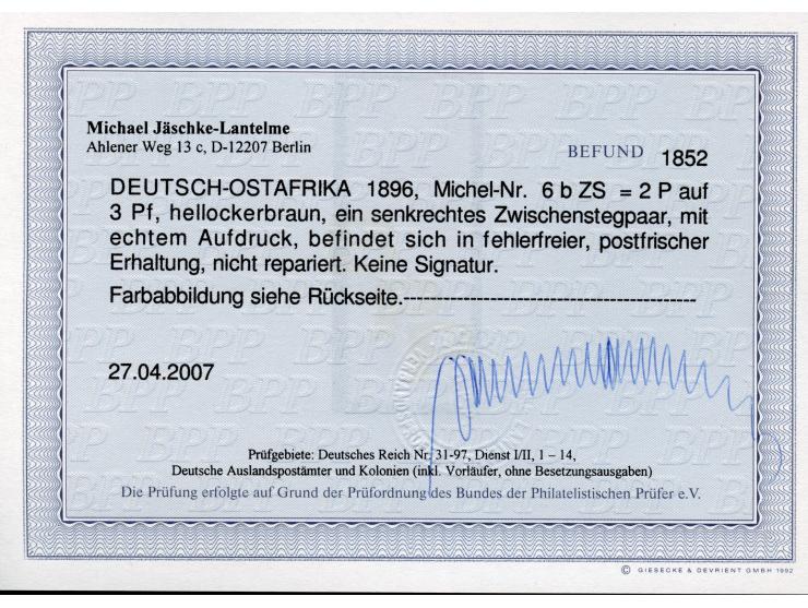 1896, diagonaler Aufdruck 2 P. auf 3 Pfg. hellockerbraun, senkrechtes Zwischenstegpaar, postfrisch, tadellos, unsigniert, Bef
