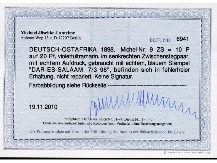 1896, diagonaler Aufdruck 10 P. auf 20 Pfg violettultramarin, senkrechtes Zwischenstegpaar, sauber gestempelt “DAR-ES-SALAAM 