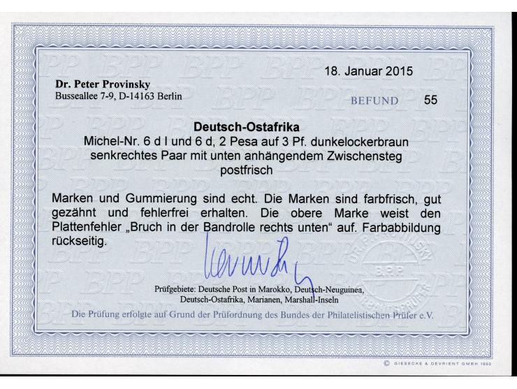1896, diagonaler Aufdruck 2 P. auf 3 Pfg. dunkelockerbraun, senkrechtes Paar mit Plattenfehler “Bruch der Bandrolle rechts un