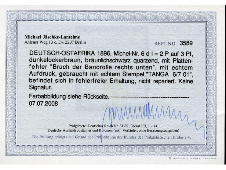 1896, diagonaler Aufdruck 2 P. auf 3 Pfg. dunkelockerbraun, mit Plattenfehler “Bruch der Bandrolle rechts unten” , sauber ges