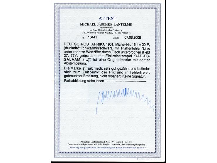 1901, Kaiseryacht ohne Wz. 20 P. dunkelrötlichkarmin/schwarz, mit Plattenfehler “Linie unter rechter Wertzifferdurch Fleck un