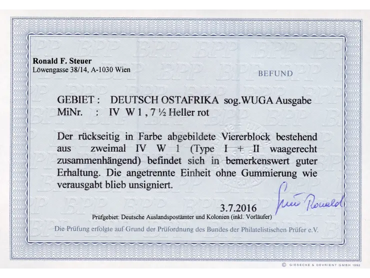 1916, Wuga-Ausgabe 7 ½ H. rot, Viererblock mit zwei waagerechten Typenpaaren, ungebraucht ohne Gummi, leicht angetrennt, sons