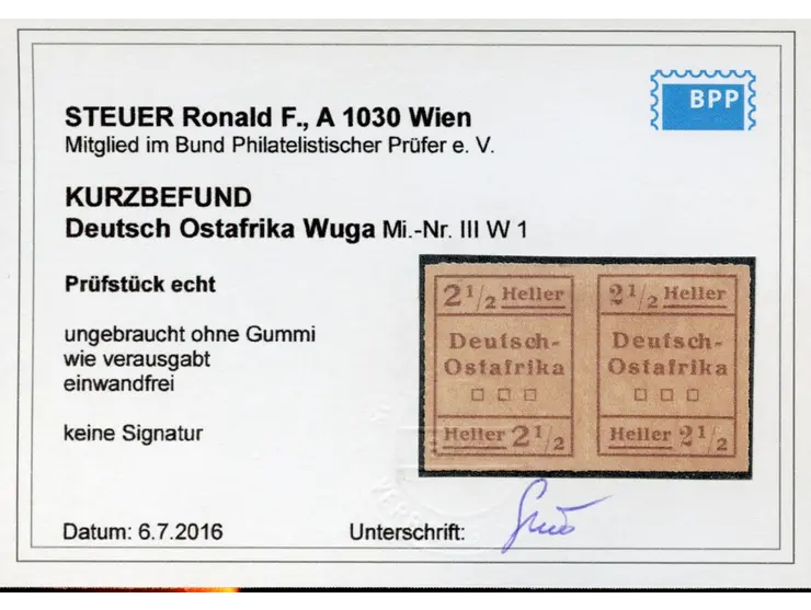 1916, Wuga-Ausgabe 2 ½ H. schwärzlichbraun, waagerechtes Typenpaar, Type I links, Type II rechts, ungebraucht ohne Gummi, tad