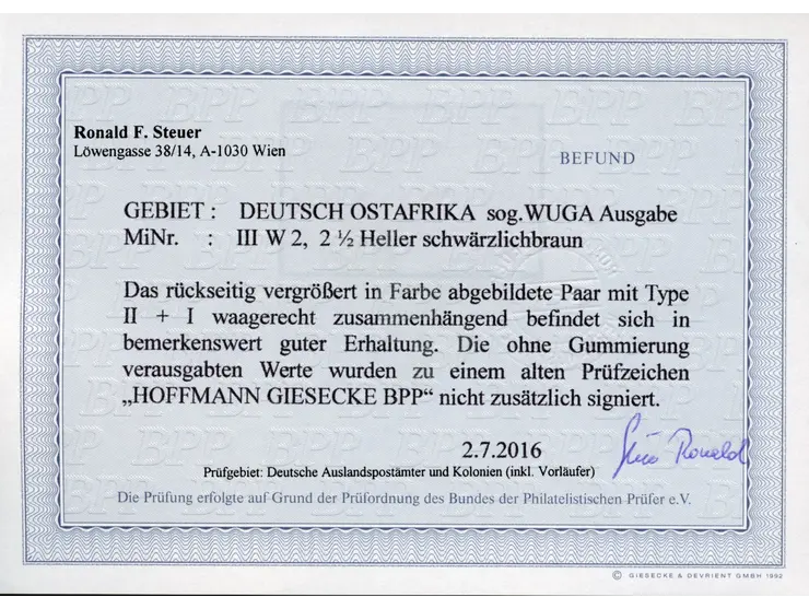 1916, Wuga-Ausgabe 2 ½ H. schwärzlichbraun, waagerechtes Typenpaar, Type II links, Type I rechts, ungebraucht ohne Gummi, tad