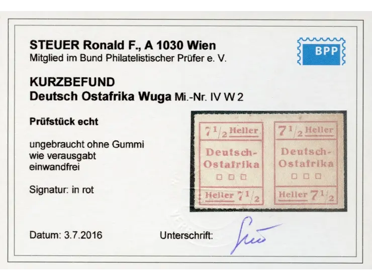 1916, Wuga-Ausgabe 7 ½ H. rot, waagerechtes Typenpaar, Type II links, Type I rechts, ungebraucht ohne Gummi, tadellos, sign. 