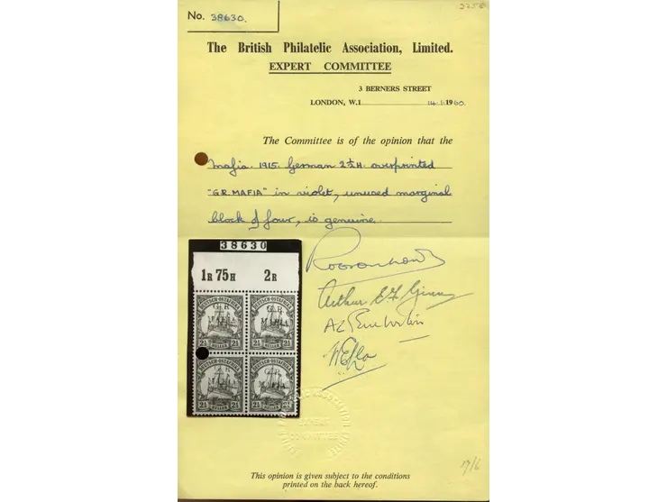 1915, G.R. MAFIA Handstempelaufdruck in schwärzlichviolett: 2 ½ H. lebhaftockerbraun, Oberrandviererblock, postfrisch, linke 