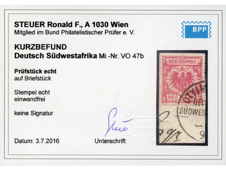 1891, Krone/Adler 10 Pfg. lebhaftrosabraun, braun quarzend, sauber gestempelt “OTYIMBINGUE” auf Briefstück, tadellos, Kurzbef