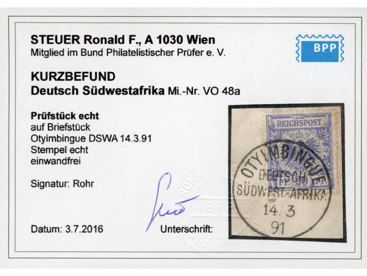 1891, Krone/Adler 20 Pfg. mittelultramarin, sauber gestempelt “OTYIMBINGUE 14/3 91”, tadellos, sign. Rohr, Kurzbefund Steuer 