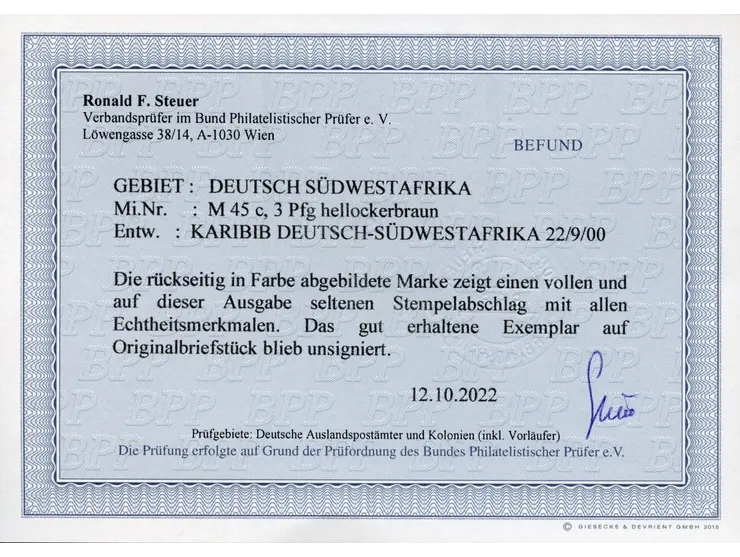 1898, Krone/Adler 3 Pfg. hellockerbraun, sauber gestempelt “KARIBIB 22/9 00” auf Briefstück, tadellos, &nbsp;Befund Steuer BP