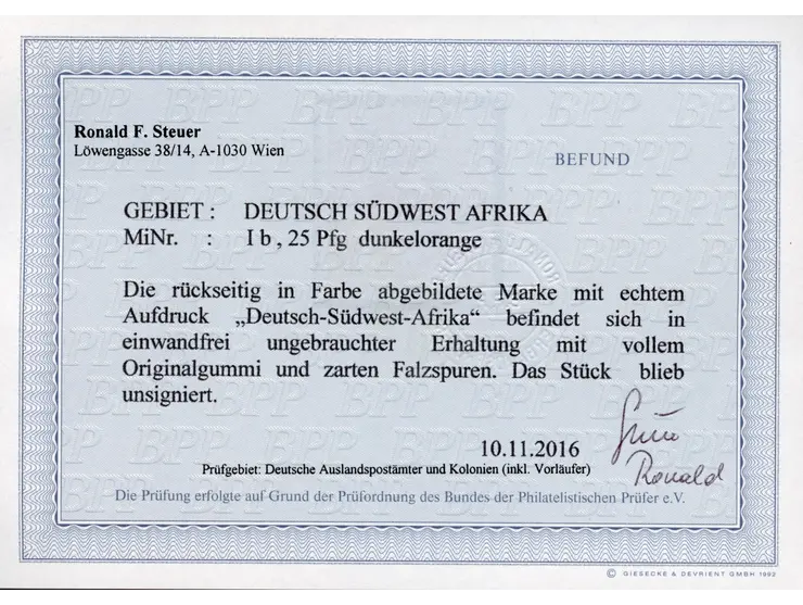 1897/99, Deutsch-Südwest-Afrika 25 Pfg. dunkelorange, sauber ungebraucht, tadellos, Befund Steuer BPP (2016)