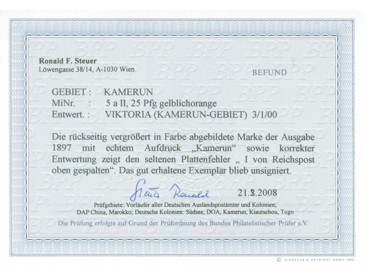 1897, Aufdruckausgabe 25 Pfg. gelblichorange, mit Plattenfehler “I in Reichspost oben gespalten”, sauber gestempelt “VIKTORIA