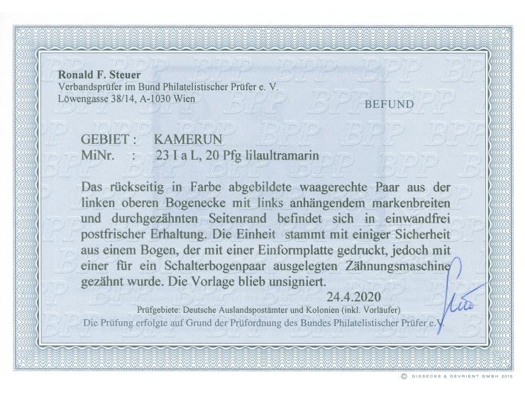 1905/19, Kaiseryacht mit Wz. Friedensdruck 20 Pfg. lilaultramarin, waagerechtes Oberrandpaar, links mit Leerfeld in Markengrö