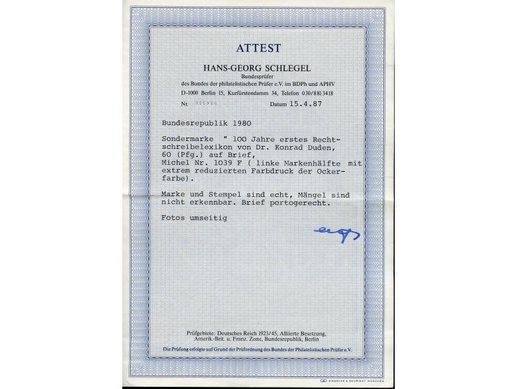 1980, 100 Jahre Rechtschreiblexiukon von Konrad Duden 60 Pfg., linke Markenhälfte gelblocker statt lebhaftocker, sauber geste