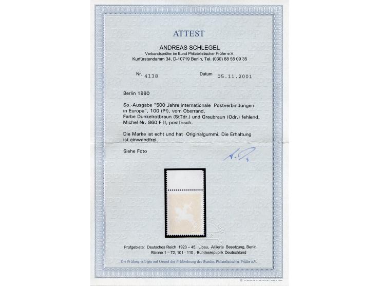 1990, 500 Jahre internationale Postverbindungen in Europa 100 Pfg., Oberrandstück mit Farbe dunkelrotbraun und graubraun fehl
