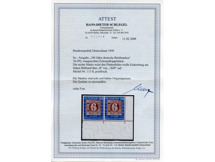 1949, 100 Jahre deutsche Briefmarken 30 Pfg., waagerechtes Paar aus der rechten unteren Bogenecke, mit Plattenfehler “weiße E