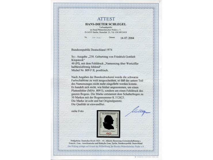 1974, 250. Geburtstag von Friedrich Gottlieb Klopstock, Namenszug über Wertziffer halbkreisförmig fehlend, postfrisch, tadell
