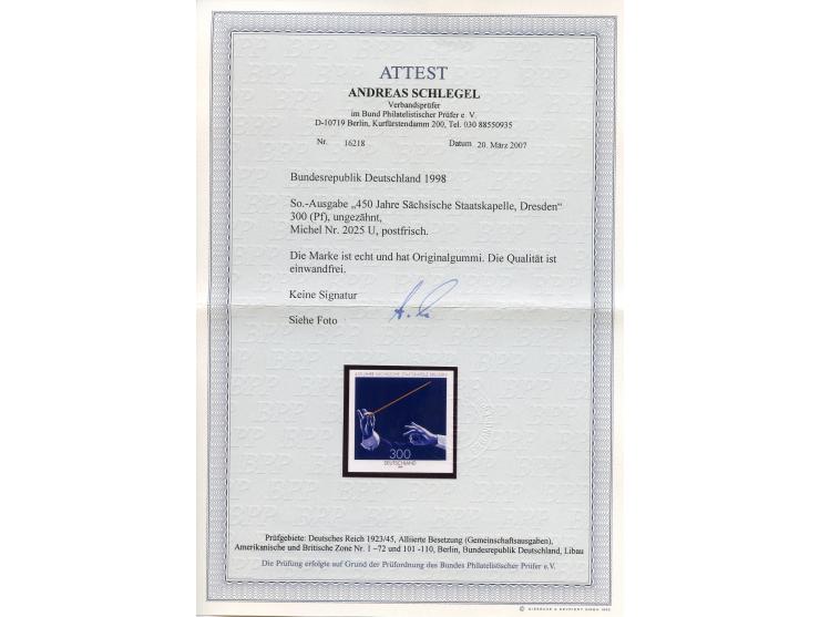 1998, 450 Jahre Sächsische Staatskapelle Dresden 300 Pfg., ungezähnt, postfrisch, tadellos, Fotoattest A. Schlegel BPP