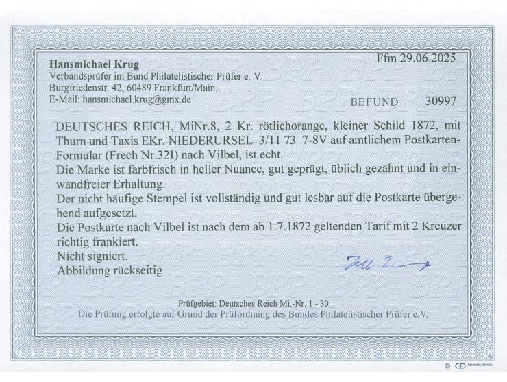 2 Kr. ziegelrot, farbfrisch, gut geprägt und üblich gezähnt, mit Taxis-EKr. “NIEDERURSEL 3/11 73” auf Karte nach Vilbel mit v