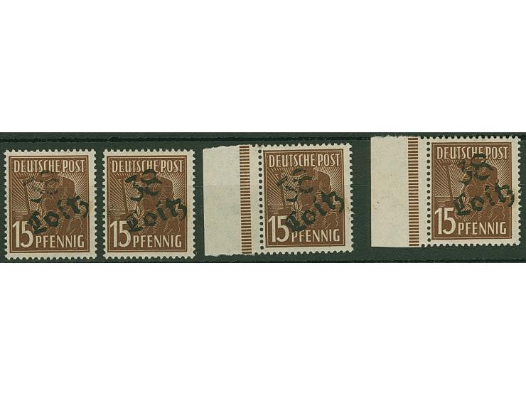 “38/Loitz” auf Arbeiter 15 Pfg., vier Einzelwerte, zwei mit Seitenrand, je postfrisch und tadellos und sign. v. Heintze BPP (