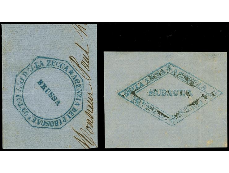 1860 ca., "AGENZIA PROSCAFI OTTOMAN DELLA ZECCA / BRUSSA" octagonal and  “AGENZIA DEI PROSCAFI OTTOMANI DELLA ZECCA / MUDANIA