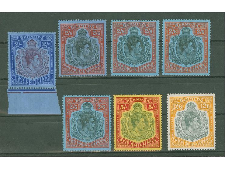 1938-53, Seven unused stamps all never hinged, incl. 2 s. deep purple &amp; ultramarine on grey-blue lower marginal, 2 s. 6 d