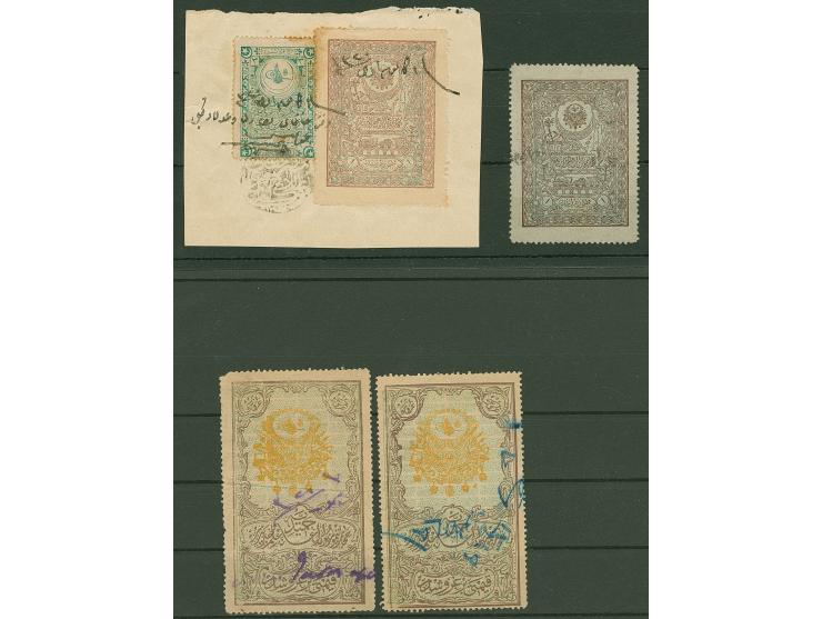 1904, Three Ottoman Hejaz Railway revenues 1 Ghr. on piece (perfs toned) and two single 1 Ghr. stamps obliterated by blue and