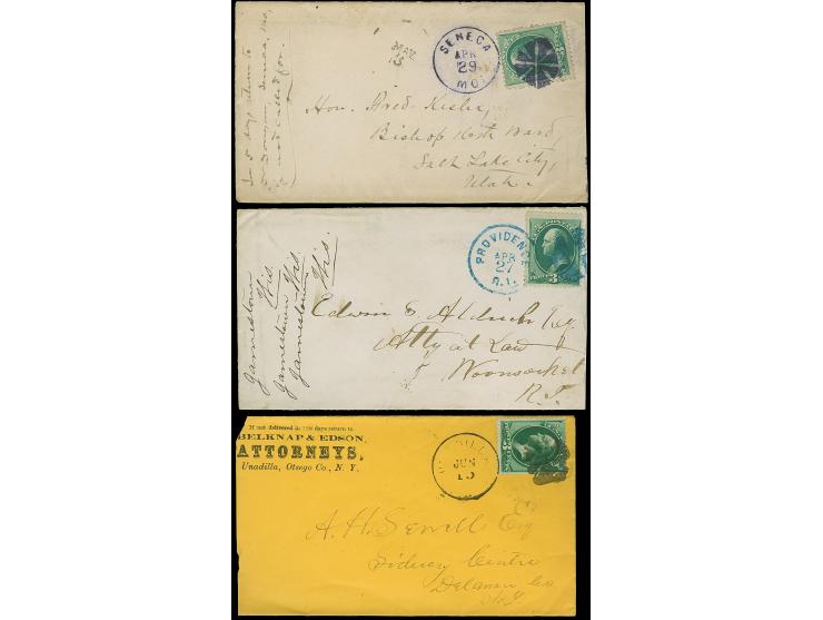 1878, Washington 3 c. green, three covers with nice cancellations, PROVIDENCE blue, SENECA violet and UNADILLA black, fine tr