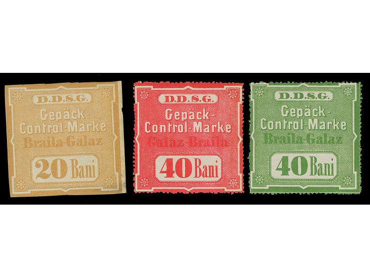 1870 ca., Luggage control stamps 20 b. buff imperf and 40 b. green perf for the route ‘Braila-Galaz’ and 40 b. red for the op