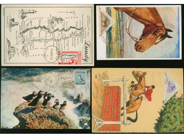 1957/60, Lundy four Maximum Postcards, two Horses with triangle stamps, Island Map designed by John Dyke &amp; pub. by Atlant