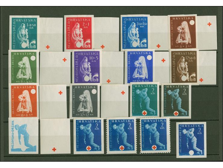 1943, Red Cross, 10 values, each imperf showing cliché printings and 2 k. with all printing phases, interesting and fine