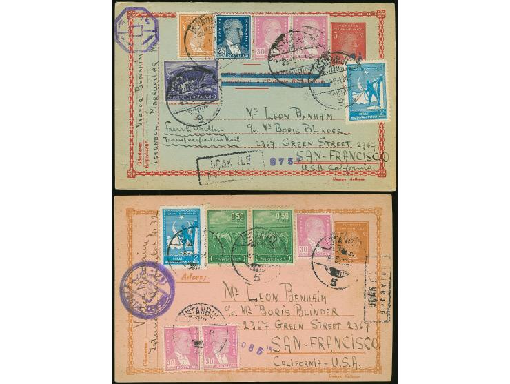 1943, Two postal stationery cards 3 krs. and 5 krs. each used uprated to air mail high postal rate 93/94 krs., different cens