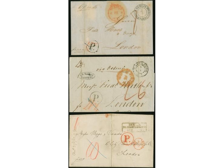 1850, Zwei Faltbriefe aus Berlin und Magdeburg an die Firma “Huth &amp; Co.” und Ankunftsstempel in rot. Taxvermerke und “P.”