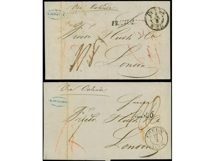 1844, Zwei Faltbriefe aus Köln, Absender A. Schaaff,  an die Firma “Huth &amp; Co.” in London, hs. ‘via Ostende’, rs. franz. 
