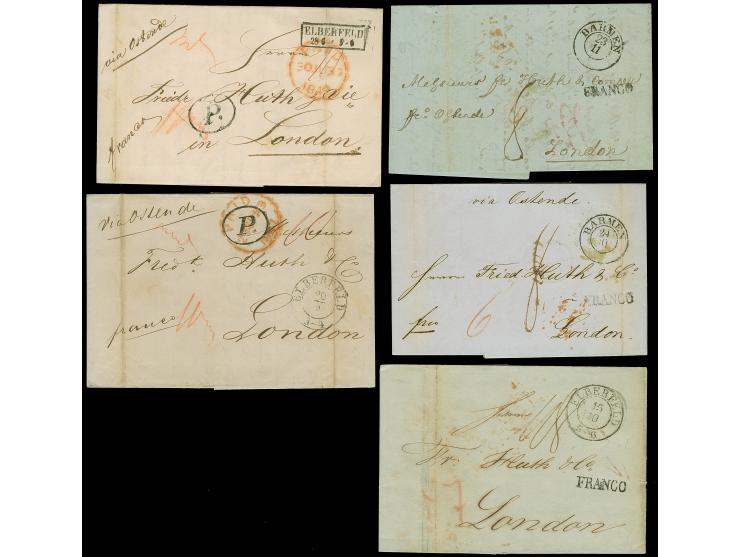 1841/49, Drei Faltbriefe aus ELBERFELD und zwei aus BARMEN, an die Firma “Huth &amp; Co.” in London, 1 x hs. ‘via Ostende’, r