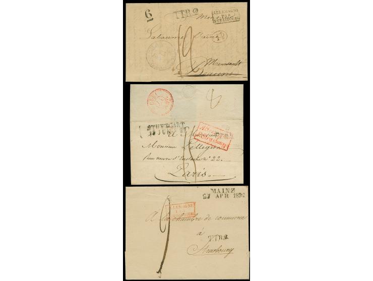 1822/30, Drei Vorphilabriefe aus Mainz 1822, Frankfurt 1830 und Stuttgart 1829, mit versch. T.T.R.2 und “Allemagne p. Strasbo