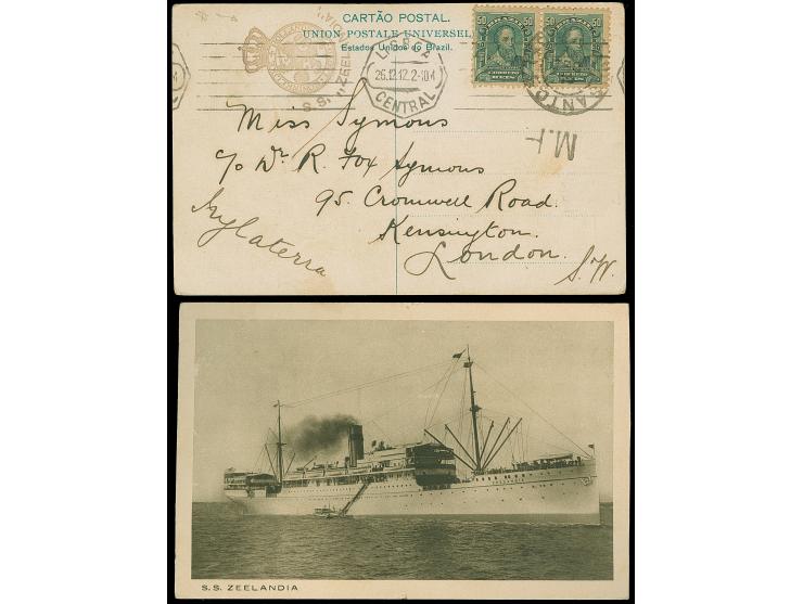 1912, Netherlands Steamship: Two postcards S.S. ZEELANDIA, one bearing pair Brazil 50 r. green cancelled SANTOS cds. to Lisbo