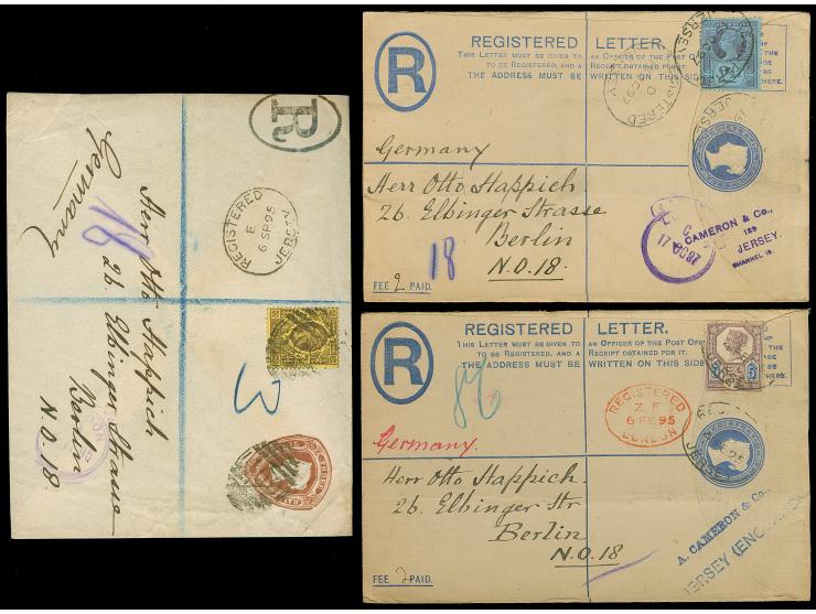 1895/97, QV three postal stationery envelopes used registered and uprated by Cameron &amp; Co. to Berlin, fine trio.
