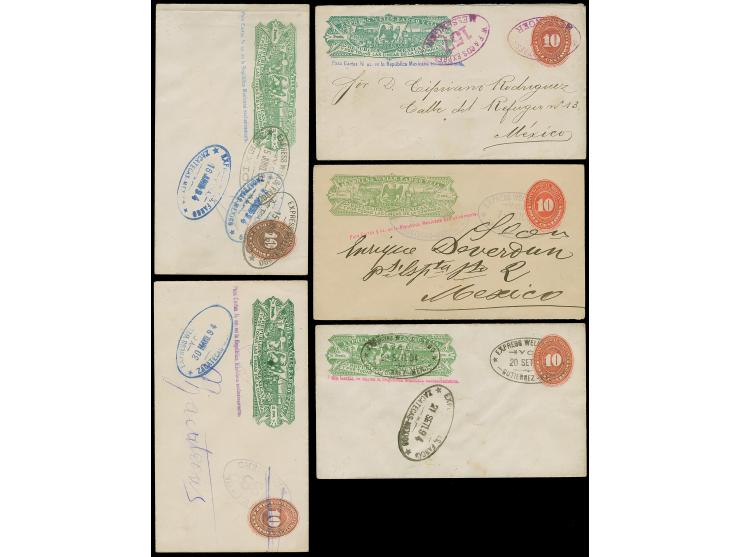 1894, Wells Fargo five postal stationery envelopes cancelled, including 157 Messenger, Zacatecas, Gutierrez and 138 Mensajero