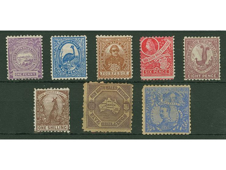 1888/90, Centenary of New South Wales, 1 d. lilac to 20 s. cobalt blue, unused set of eight stamps, 5 and 20 shilling values 