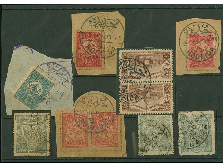 1892/1914, Ottoman Post Offices in Yemen: eight cancellations on stamps and piece including HODEIDA no.1, 2, 5, 6, Hudeida wi