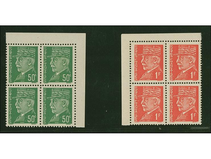 1941, Petain 50 C. und 1 Fr. je im Eckrand-Viererblock, postfrisch