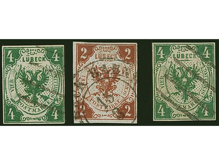 1859, 2 Sch braun und 4 Sch. dunkelgrün, beide farbfrisch und voll- bis breitrandig, sauber gestempelt. Rückseitig kleine Ste