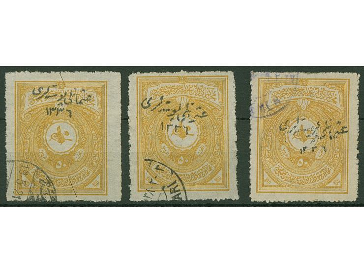 1920, Law Courts 50 pia. brownish-yellow, three stamps handstamped 1336 Type I, II and III, all clear cancelled and usual cut