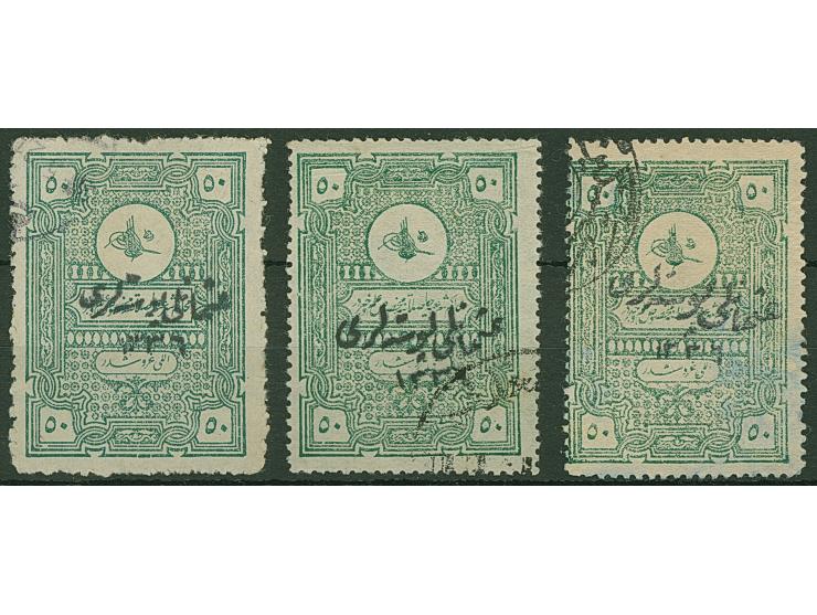 1920, Religious Tribunals Revenue 50 pia. grey-green, three stamps handstamped 1336 Type I, II and III, all clear cancelled a
