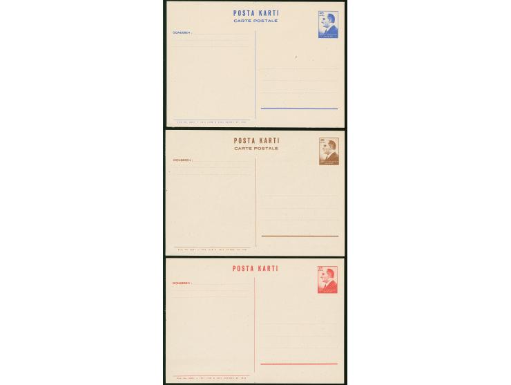 1961, Atatürk postal stationery cards complete set including 30 krs. red, 45 krs. brown and 60 krs. ultramarine, unused, very