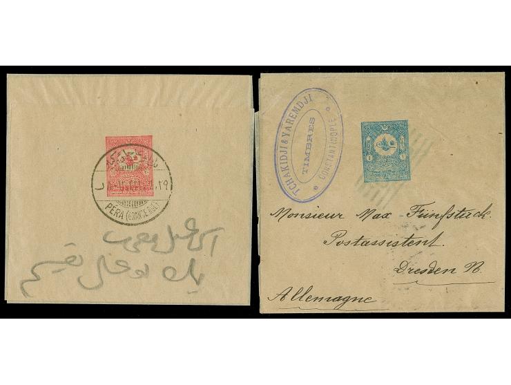 1902, Wrapper stationery 20 pa. red and 1 pia. blue used. 1 pia. cancelled barred P.I.O. with arrival mark Dresden 17.3.05 on
