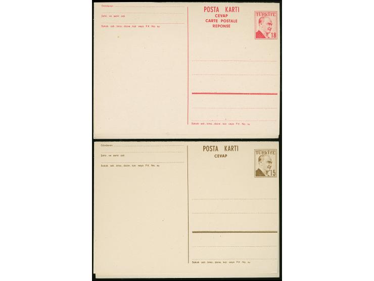 1958, Atatürk postal stationery answering cards 15+15 krs. brown and 18+18 krs. carmine, both complete undivided, unused, ver