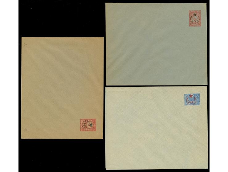 1916, Five Star &amp; 1331 red and black overprint on three postal stationery envelopes, 20 pa. and 1 pia., issues 1901, 1905