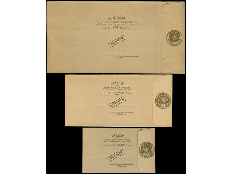 1914,  Registered envelopes 1 pia. all three sizes overprinted SPECIMEN. Small size beige paper, medium size yellowish-white 