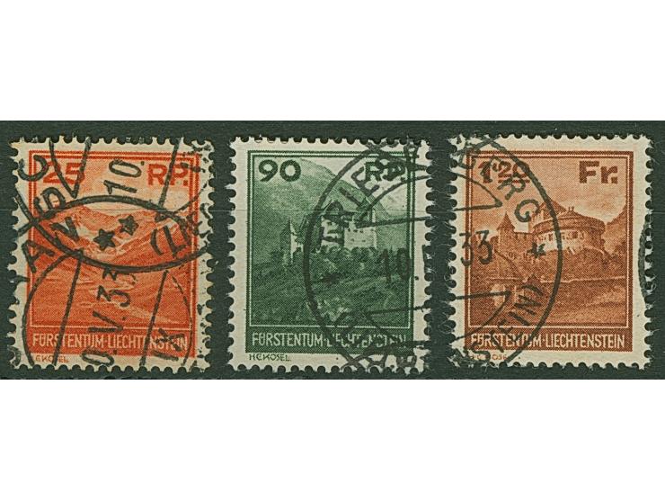 1933, Landschaften 25 Rp bis 1,20 Fr schwarzbraunorange, kompletter Satz von drei Werten, gez. 14½, sauber gestempelt, tadell